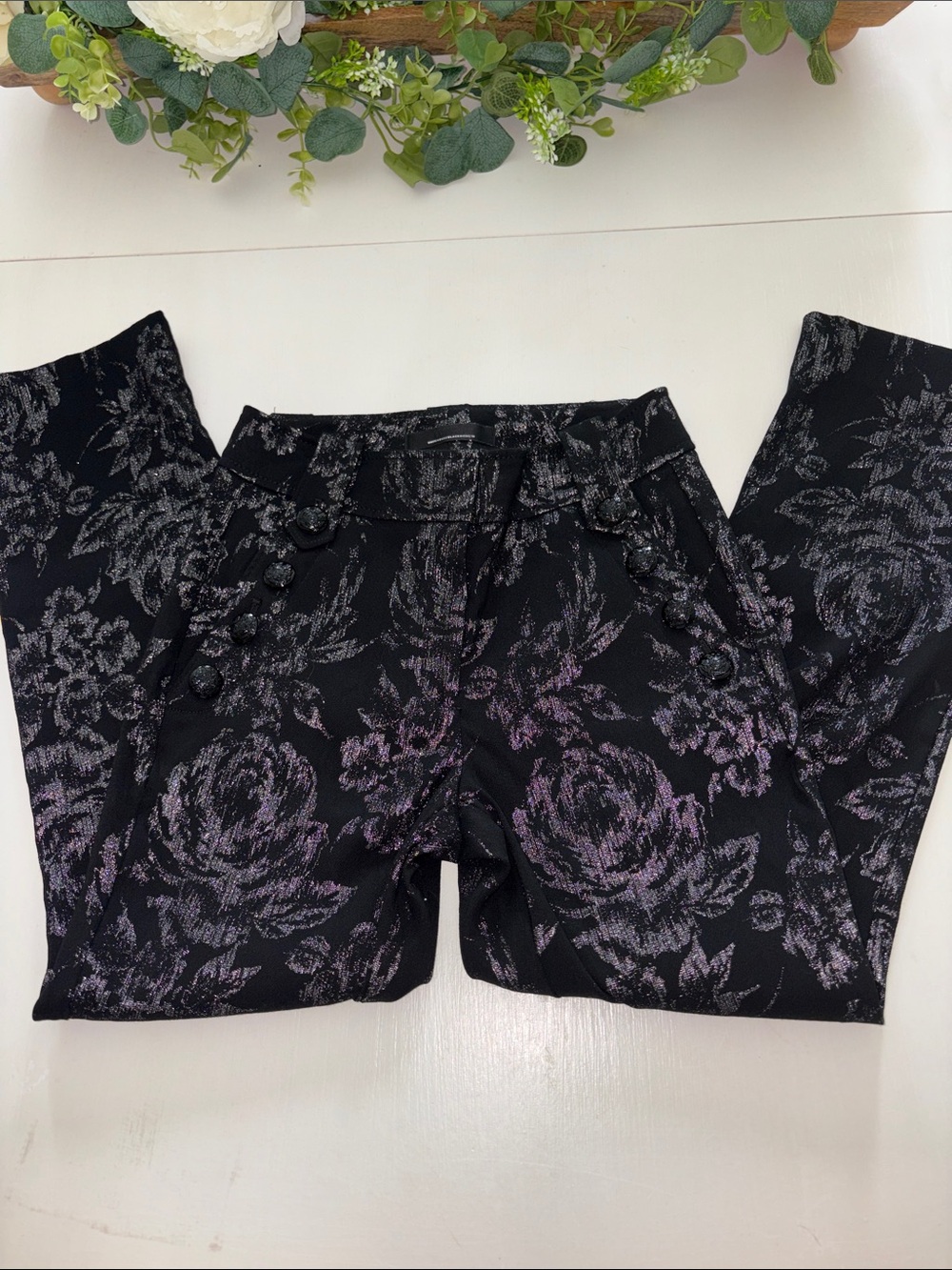 WHBM Black Pants with Silver Floral Accents